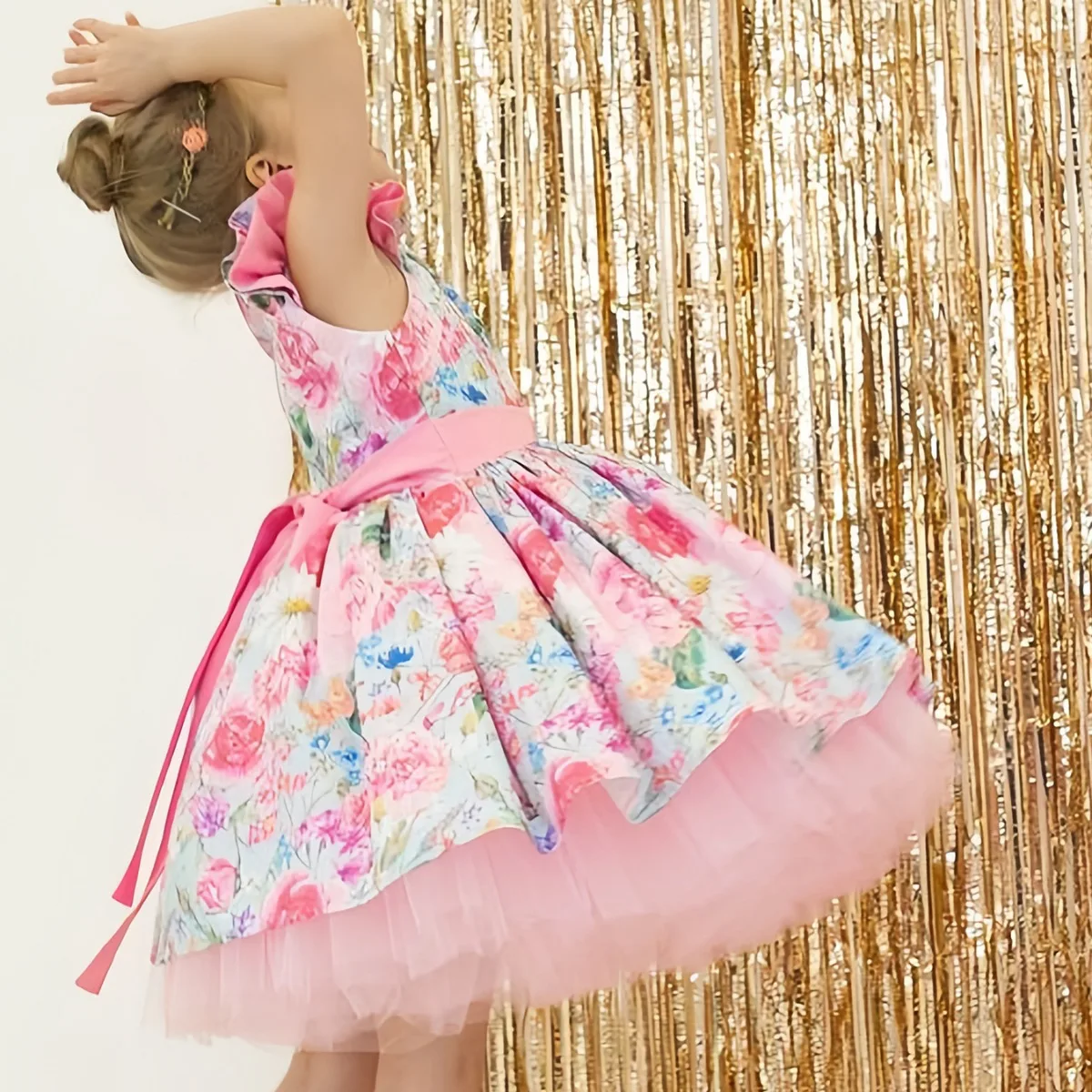 New Girls Dress With Headdress Bow Print Small Fly Sleeve Holiday Wedding Christmas Girls Princess Dress