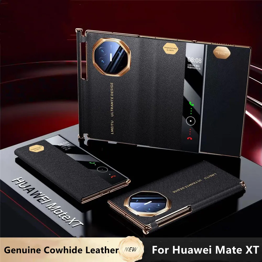 Premium Natural Cowhide Leather Flip Case for Huawei Mate XT Window View Full Cover