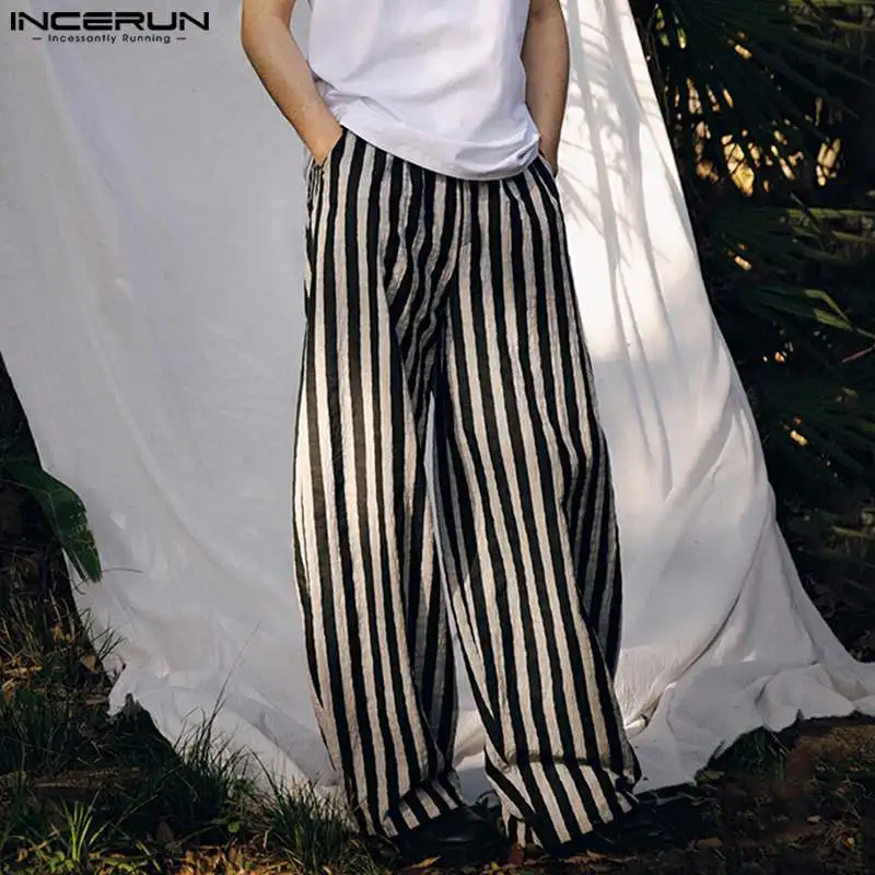 

INCERUN 2024 Korean Style Pantalons Men Fashion Striped Long Pant Summer Male Streetwear Hot Sale All-match Loose Trousers S-5XL