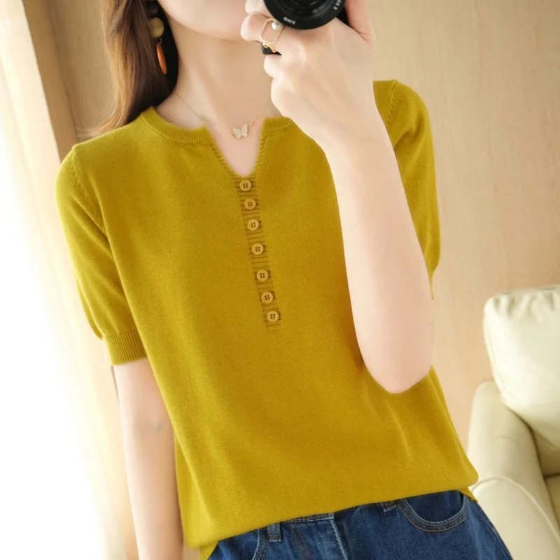 100% Cotton Knitted Women Sweaters And Pullovers Short Sleeve V-neck Warn Female Pullover button Knit Tops Jumper Clothes NS5096