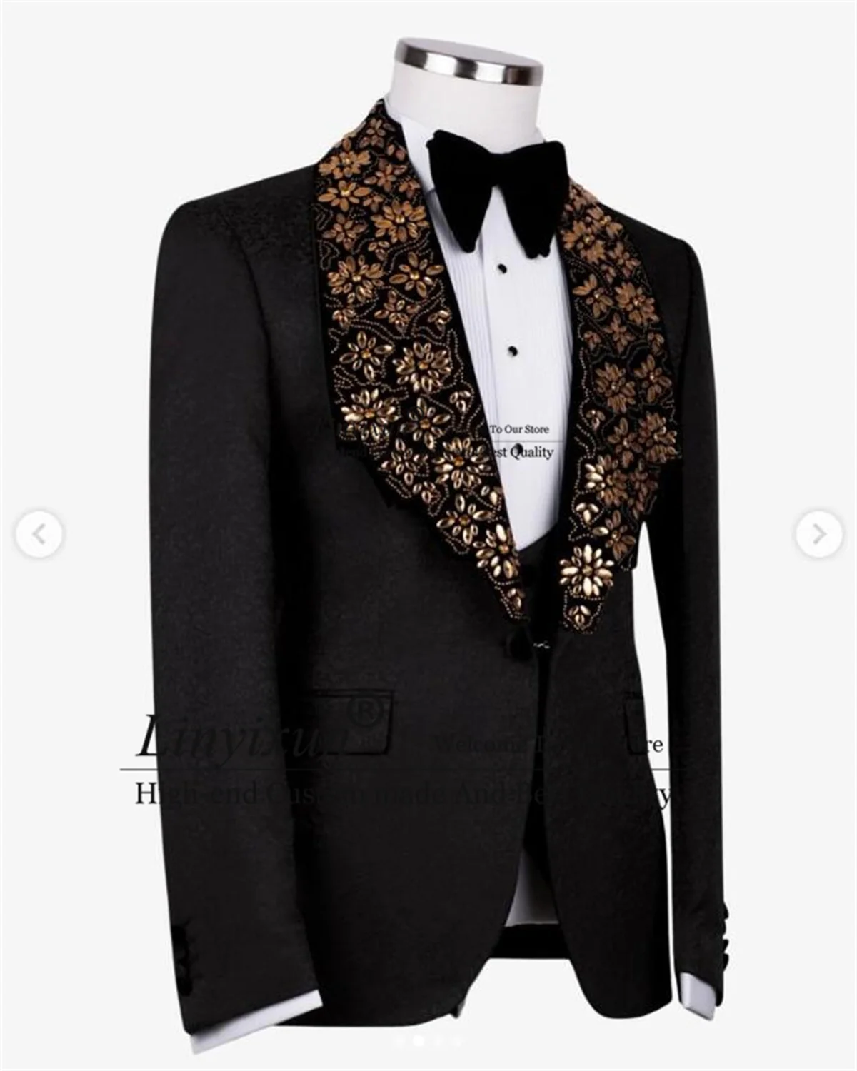 Black Tuxedo Stone Embroidery Men Suit Fashion Jacquard Male Prom Blazer 3 Pieces Sets Customized Wedding pantalones hombre