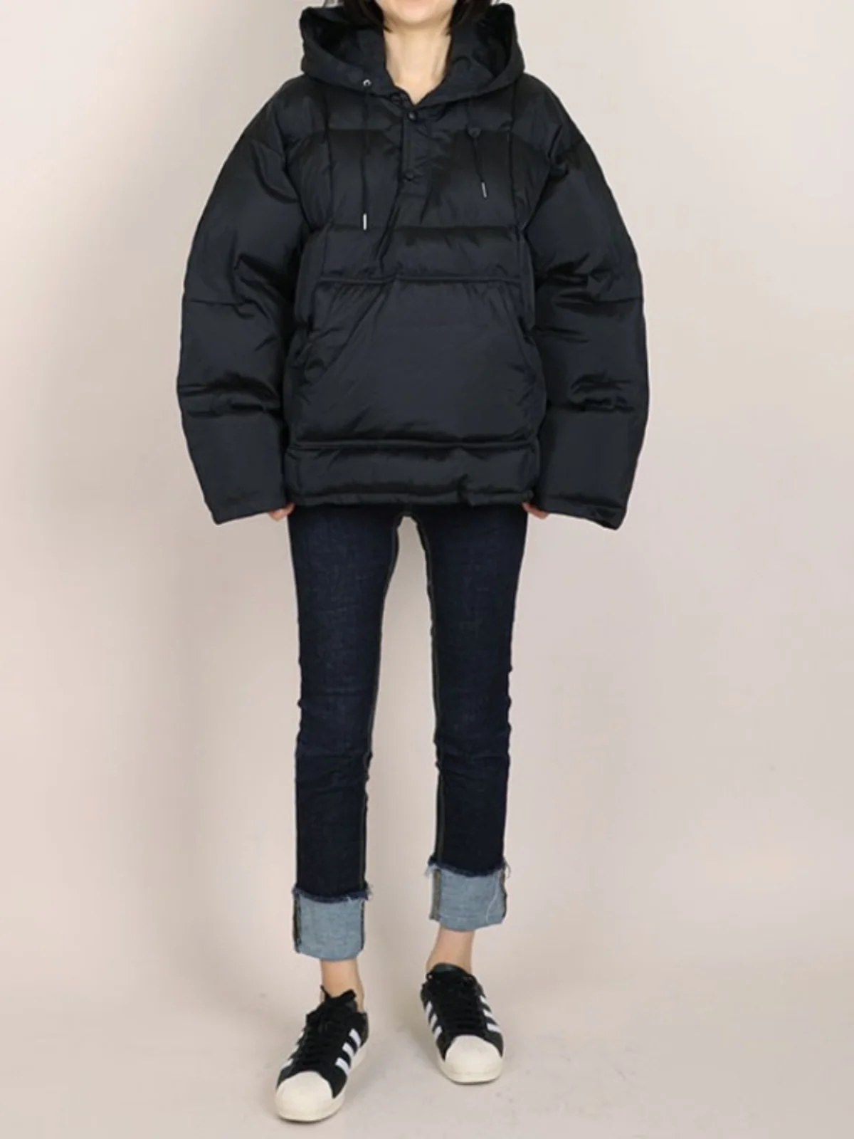 ルーズフィットダウンコットンパーカー女性の秋冬ストレートカット厚みのあるロングSveピュアカラーブレッドSle Jaetコート