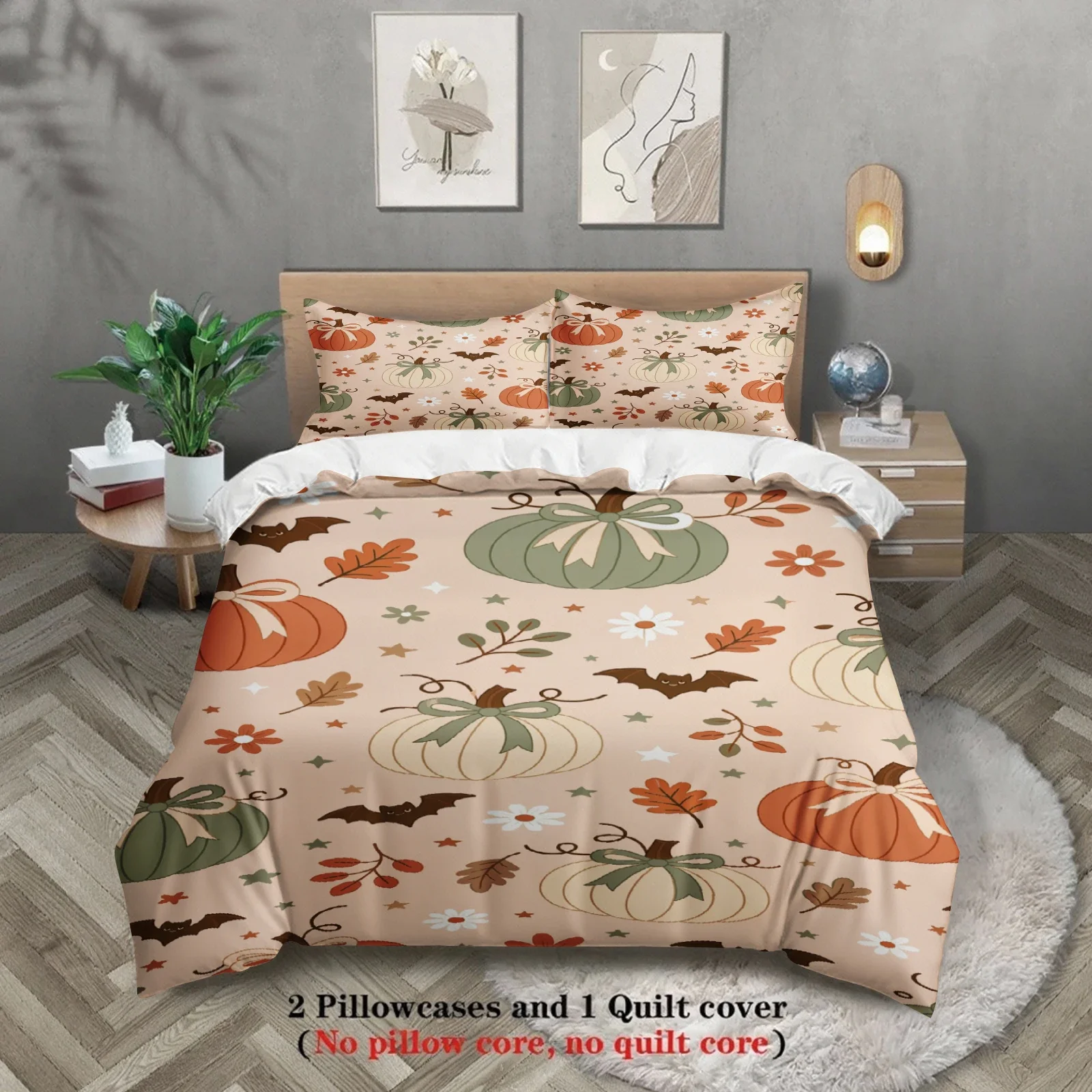 3Pc Bedding Set Cute Bow Pumpkin Bat Daisy Floral Print Soft Microfiber 1Duvet Cover+2Pillowcases Home Decoration No Comforter