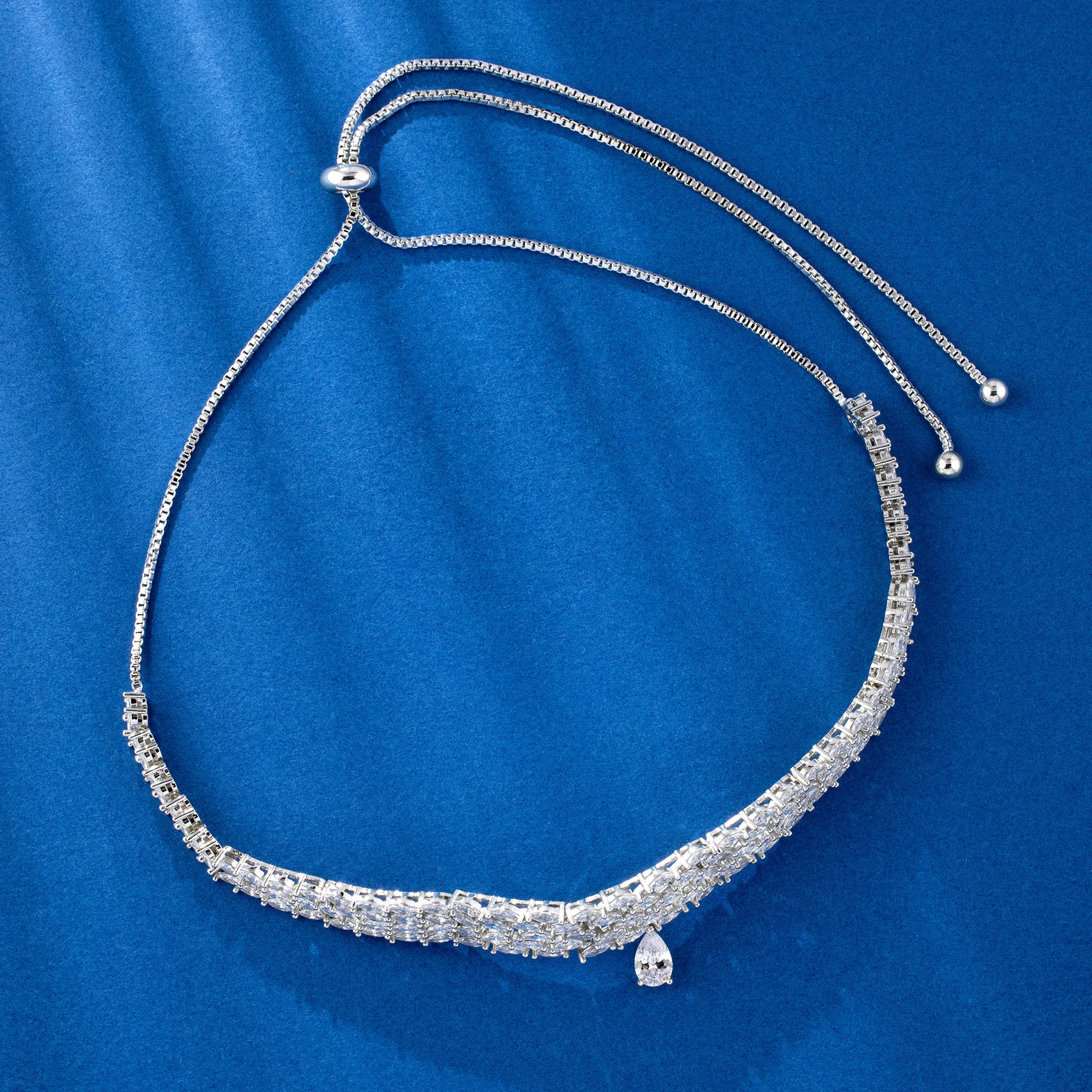 Luxury Full Rhinestone Adjustable Drawstring Choker Necklace Water Drop Pendant For Women Evening Party Dress Jewelry Gift