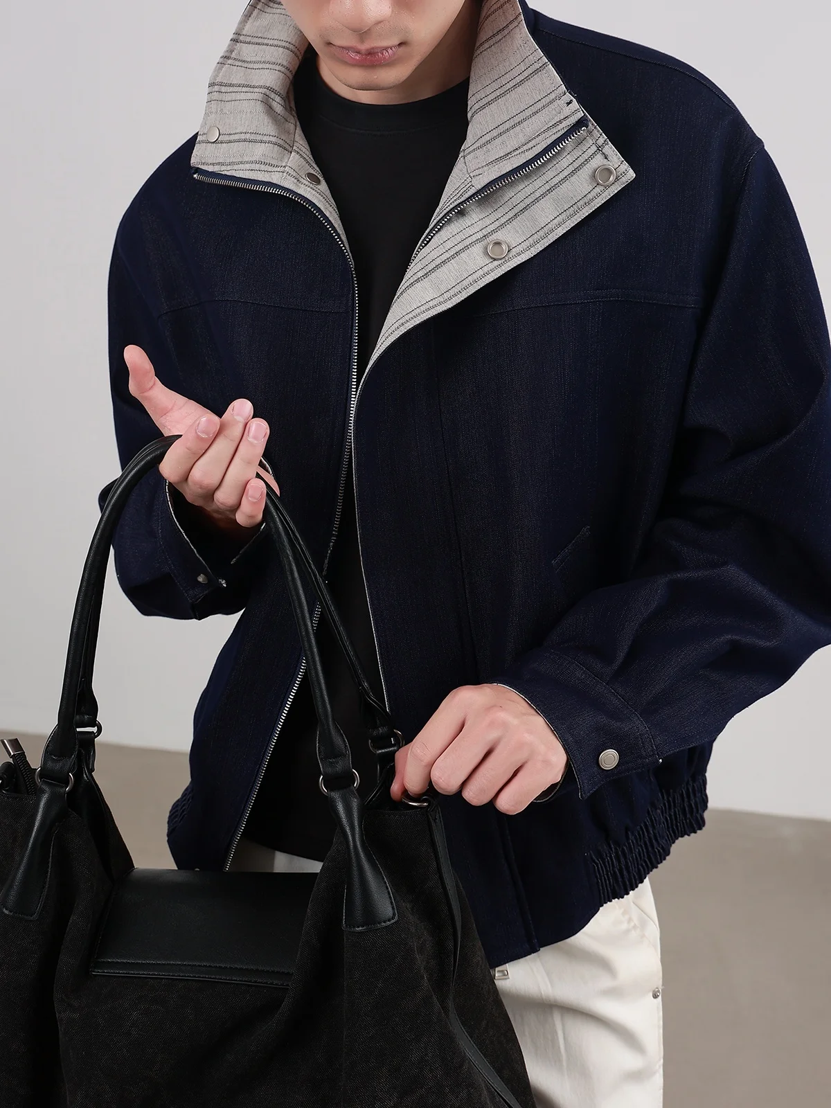 Cationic Technology Mixed Fiber Jacket Men's Autumn High Collar Striped Inner Casual Long Sleeve Zipper Closure No Hat