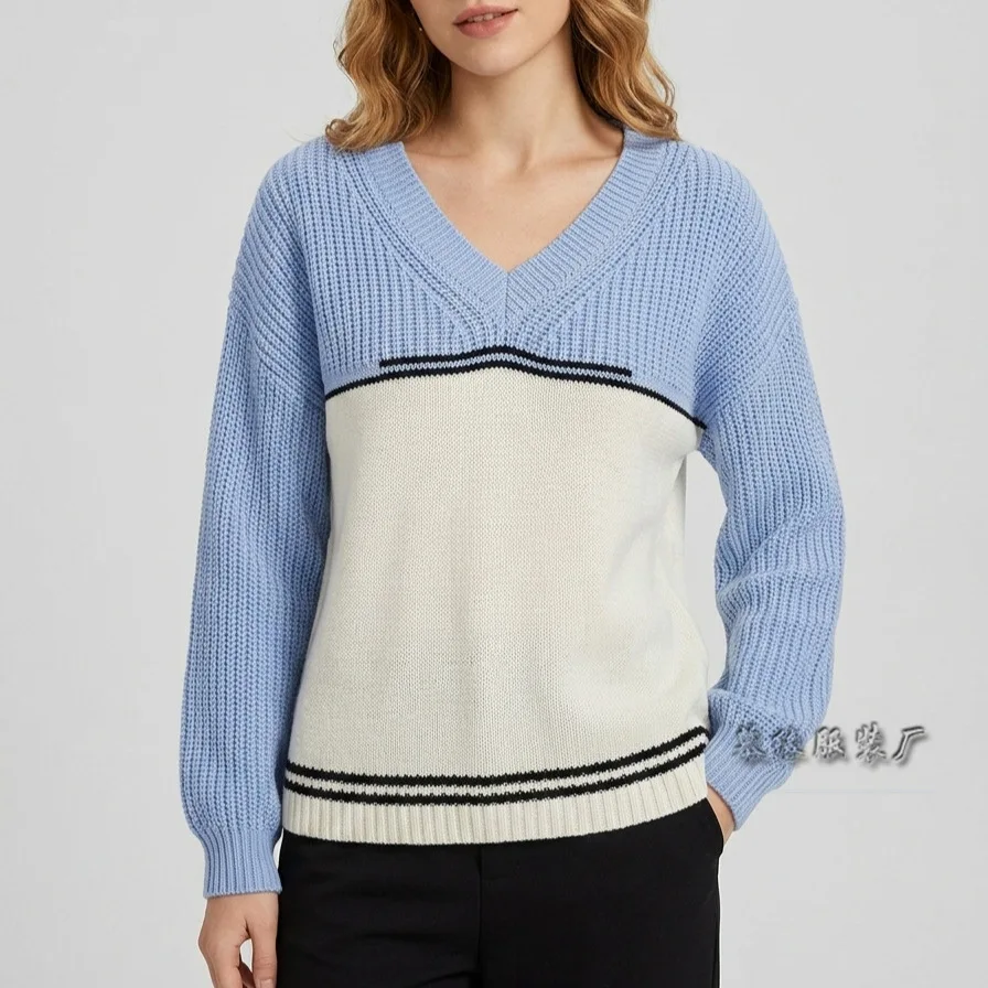 Women V Neck Striped Color Block Knit Sweater New Fashion Long Sleeve Pullover Loose Casual Autumn Winter Knitted Tops