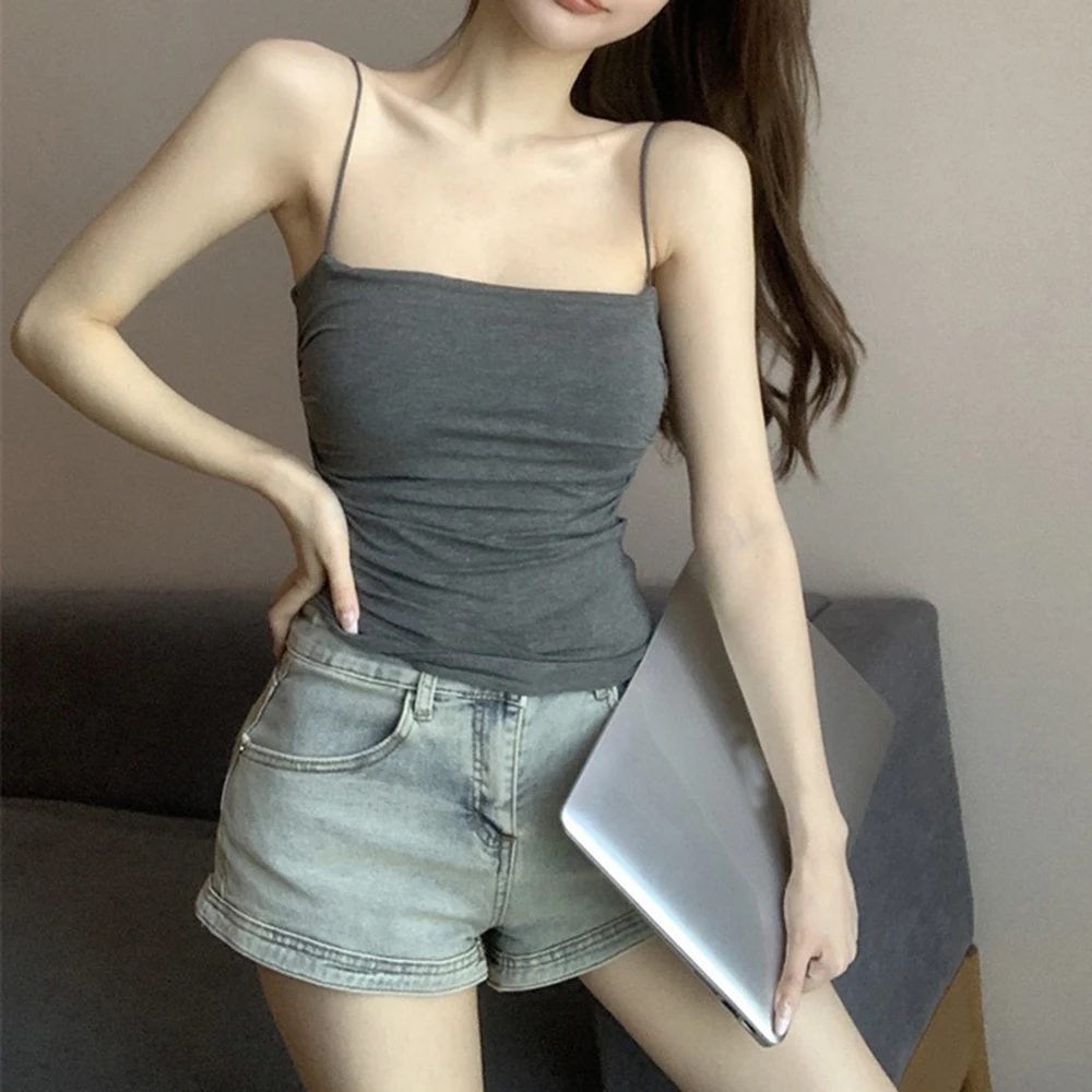 Summer Slim Fit Slim Strap Women Top Shirt Solid Color Tank Top Sexy Strap Crop Hot Pullover Wild Fashion Outfit Bottoming Shirt