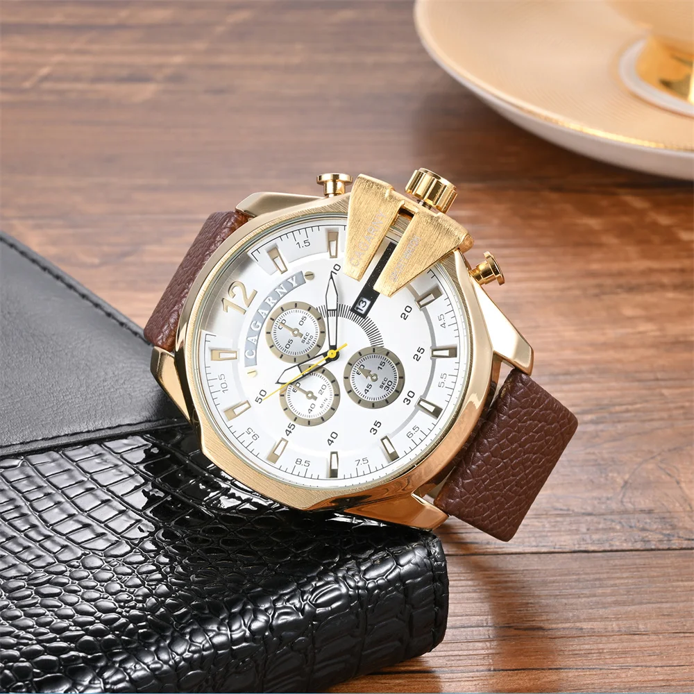 CAGARNY Original Brand Big dial 6839 Fashion Casual Watches for Men Waterproof Date Leather Man\'s Quartz Watch Relogio Masculino