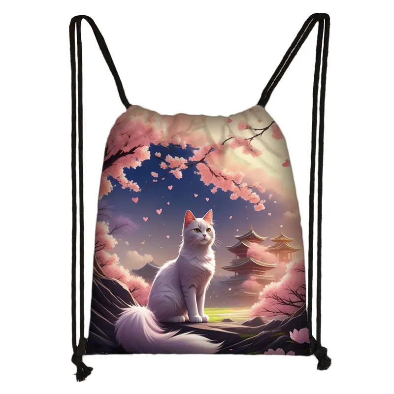 Animal Cat Cherry Blossom Japan Print Drawstring Bag Student Bookbags Women Storage Bags for Travel Portable Shoe Holder Gift