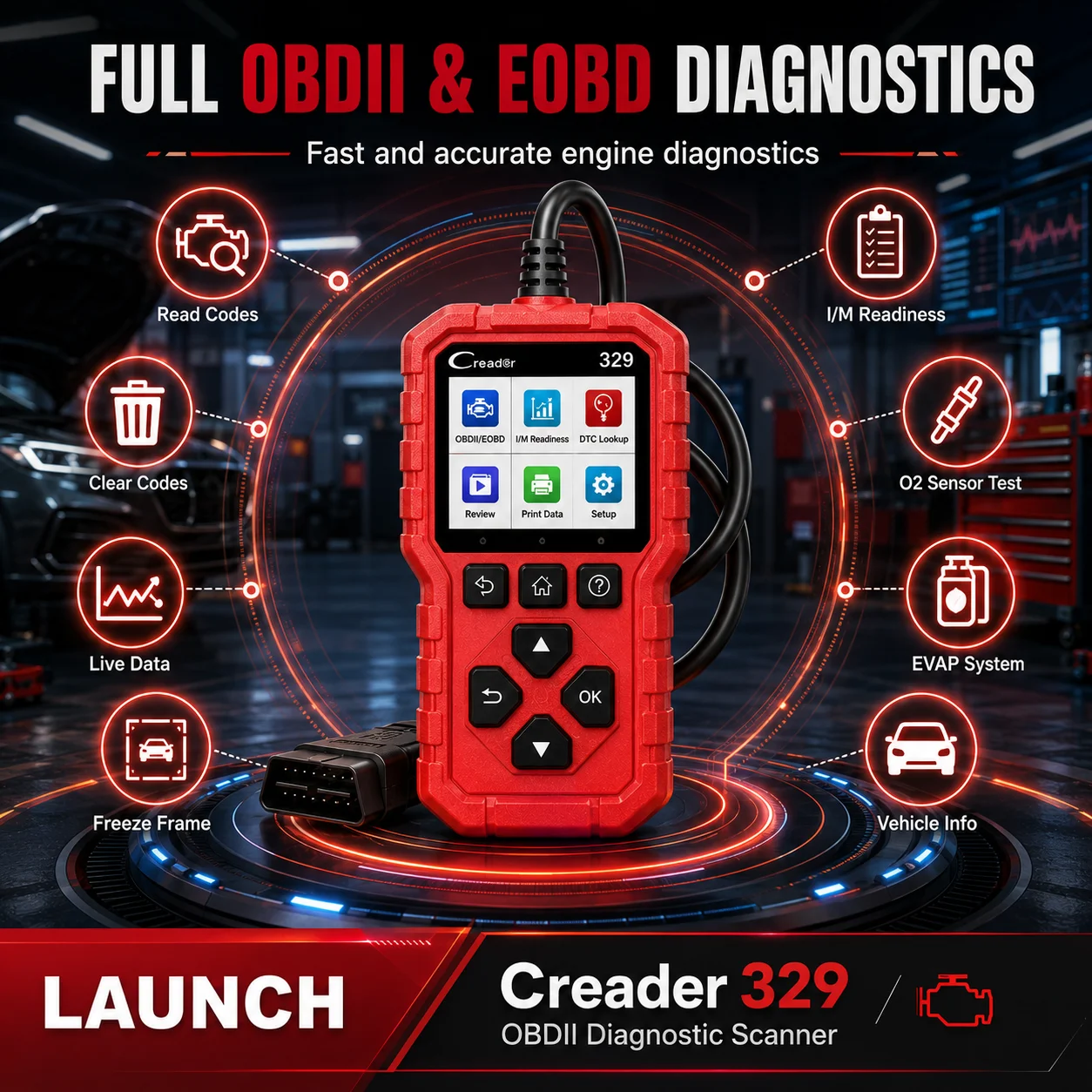 LAUNCH Creader 329 OBD2 Scanner Engine Code Reader Full OBDII Diagnostic Tool with Battery Test Live Data I/M Readiness O2 Senso