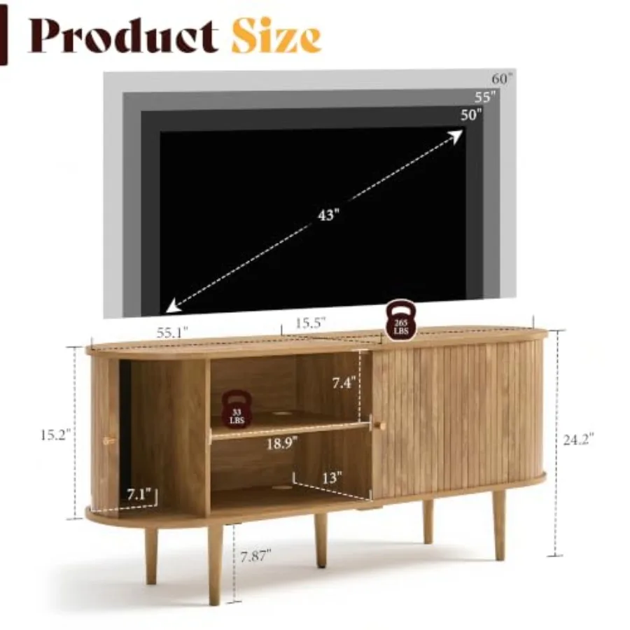 55 Mid-Century Modern Fluted TV Stand with Storage for Living Room, Solid Wood, Walnut Finish, Sleek Vertical Grooves and Conce
