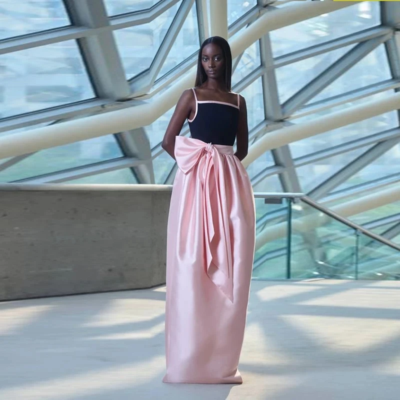 

Pink Maxi Skirts Bow Zipper Long Women Skirt To Party Floor Length jupe femme Newest Satin Skirt High Waistline