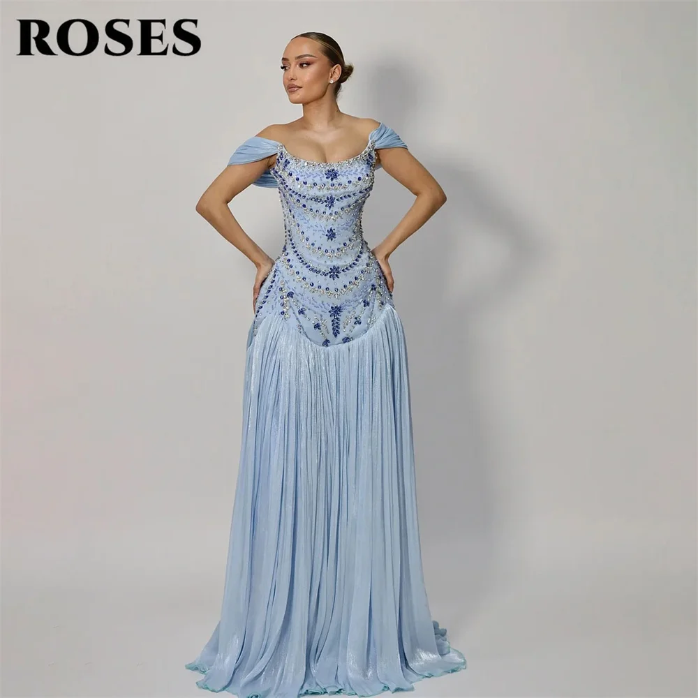 ROSES Sky Blue Party Dress with Beaded Embellishments Evening Dress Off the Shoulder Formal Gown Ruched Prom Gown Customized
