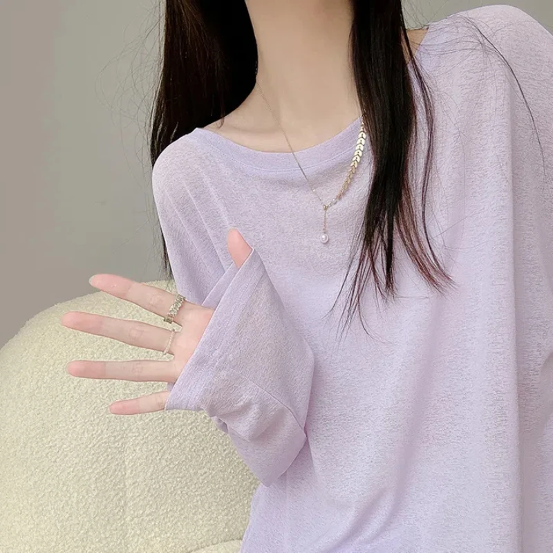 

Summer 2025 Women's New Patchwork Pullover O-Neck Fashion Solid Color Minimalist Casual All-match Long Sleeve T-Shirts Tops