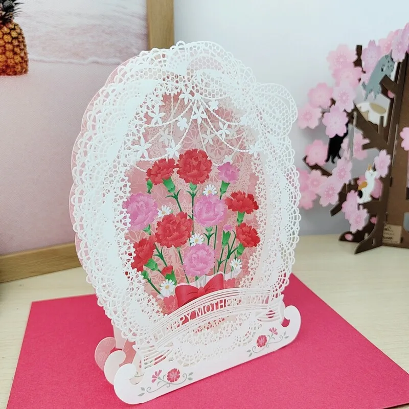 

Exquisite and Creative 3D Pop-up Lace Carnation Greeting Card Mother's Day Thank You and Blessing Card for Mom with Envelope