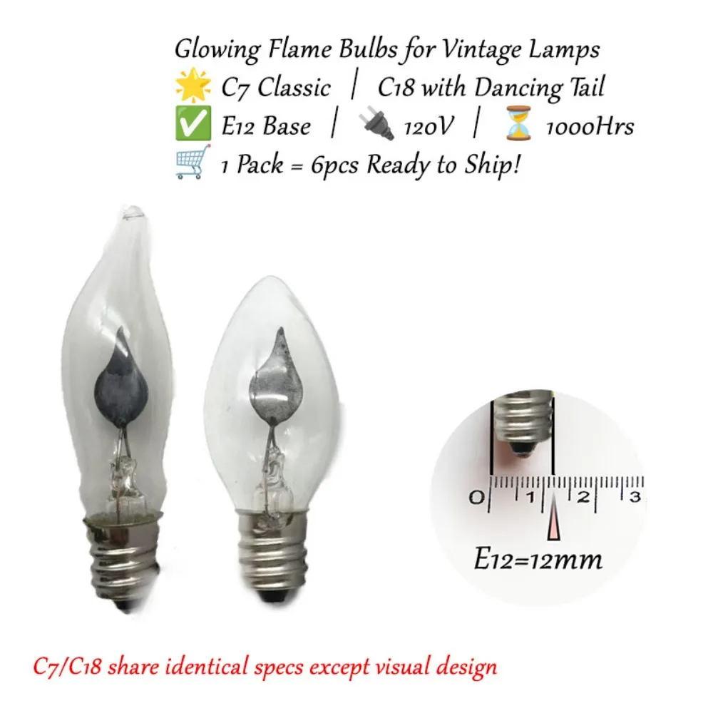 

6 packs C18 Flame Bulb 120V 1W E12 Screw Base - apply to Dancing Tail Effect Bulbs for Chandeliers/Christmas Lights 1000Hrs