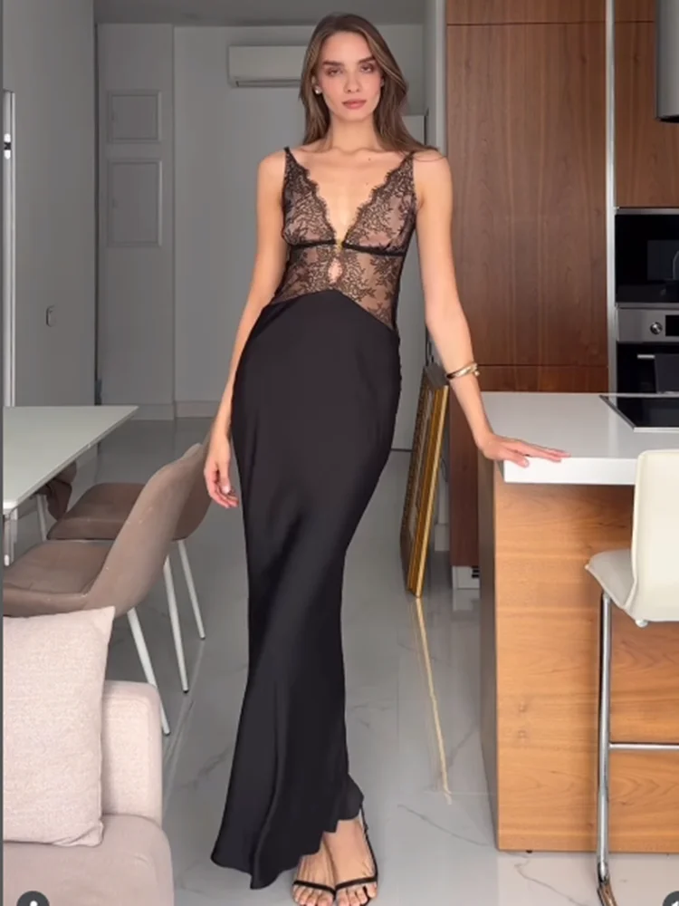 

Talenza Elegant Lace Long Dress Summer Sexy Lace Patchwork V-Neck Strapless Dress New Luxury Fitted Women's Party Evening Dress