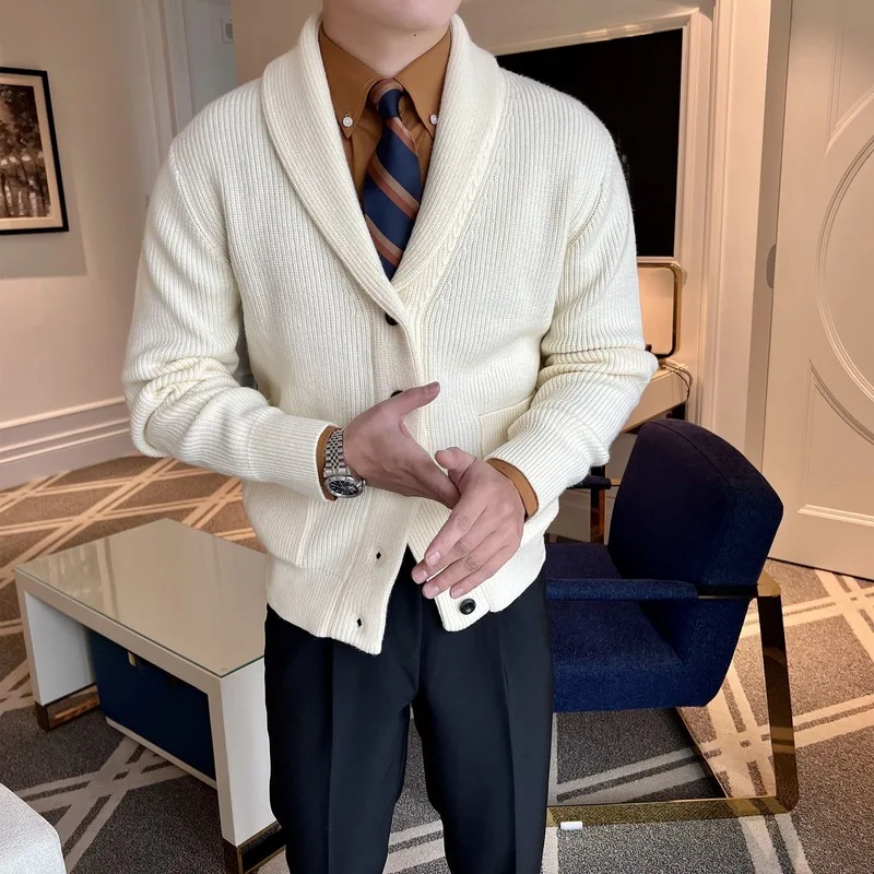 Men Shawl Collar Knit Cardigan Retro Business Sweater Outerwear