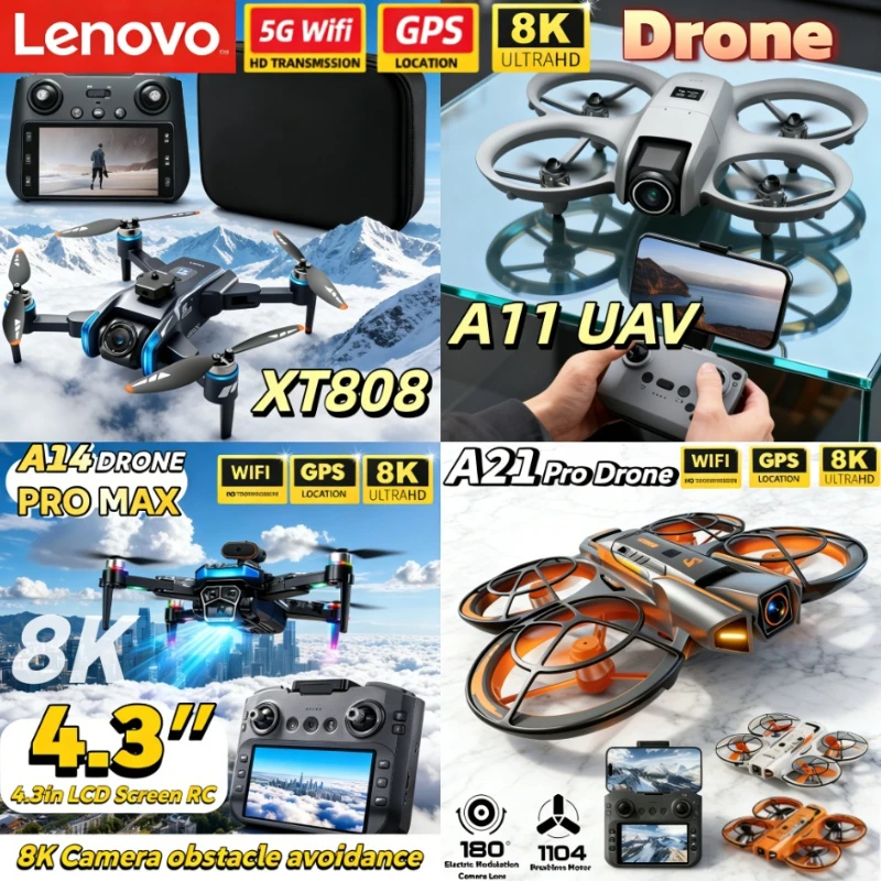 Dron Lenovo XT808 A11 A14 A21 con Control Remoto WIFI, GPS Real, Cámara 8K, Quadcopter RC con Evitación de Obstáculos, Dron HD Dual FPV, Regalos