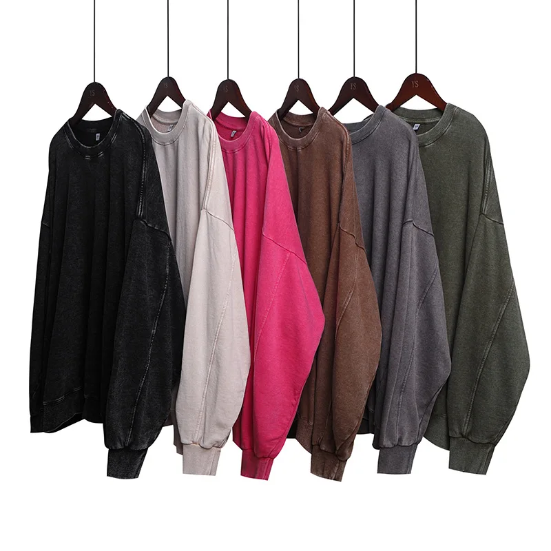 

2025 Cotton Old Crew Neck Sweater Large Size Shoulder Down Retro Washed Oversize