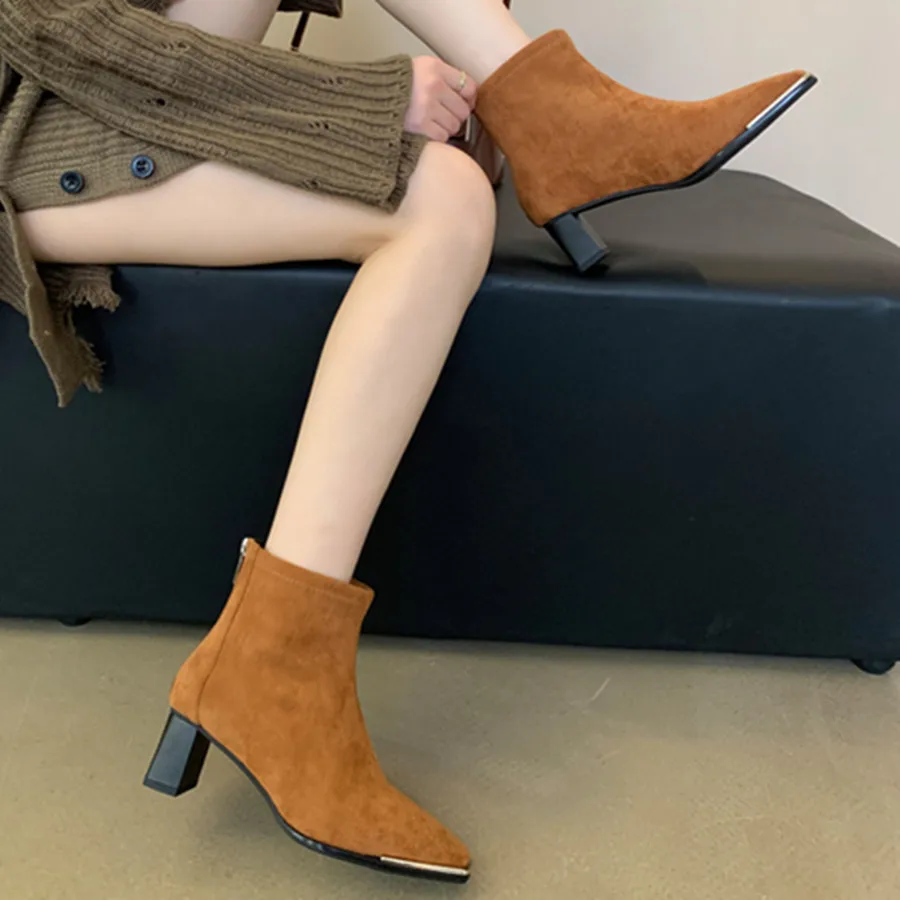 Chelsea Boots For Women Square Toe Solid Color Suede All-Matching Back Zipper High Heel Female Shoes Fashion women Boots Casual