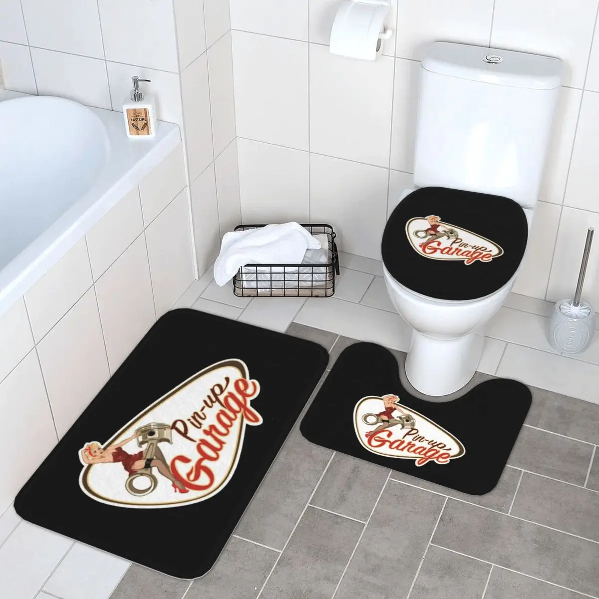 

Pin Up Garage Ретро Рокабилли Дизайн 3-х шт. Коврик для ванной Набор для ванной комнаты Крышка унитаза Домашний декор Нескользящий ковер Напольный коврик