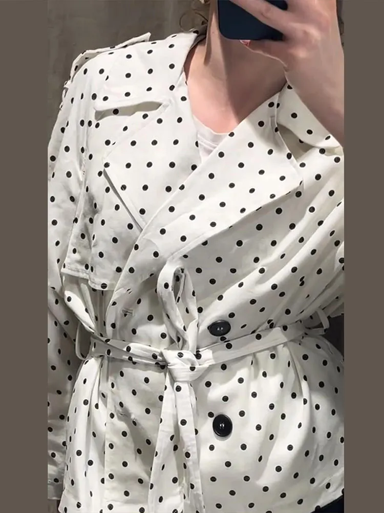 Gepunkteter Trenchcoat mit Gürtel für Damen, Streetwear-Stil, Reverskragen, Langarm, Doppelreihig, Schlanker Schnitt, Windbreaker, Schicke Damenjacke, Neue Oberbekleidung – Detail 8