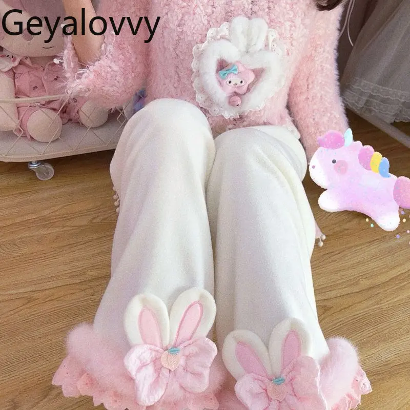 Autunno Inverno Cute Sweet Girl Bowknot Pantaloni a gamba larga Pantaloni casual in vita elastica allentata versatile Pantaloni lunghi dritti ispessiti