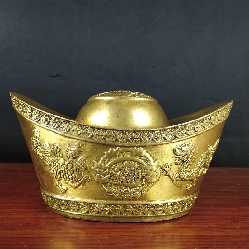 Open Cover Brass Dragon And Phoenix INGOT Coin Bank Home Living Room Crafts Decoration