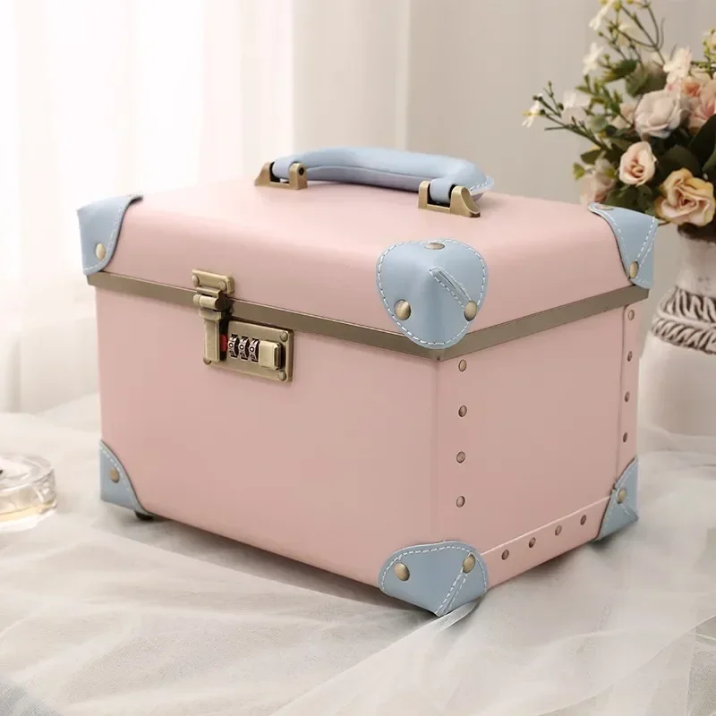 Portable Retro Password Cosmetic Case, Double Layer, Multi-function Leather Case, Simple Storage Case, Fashion, 10 Inch