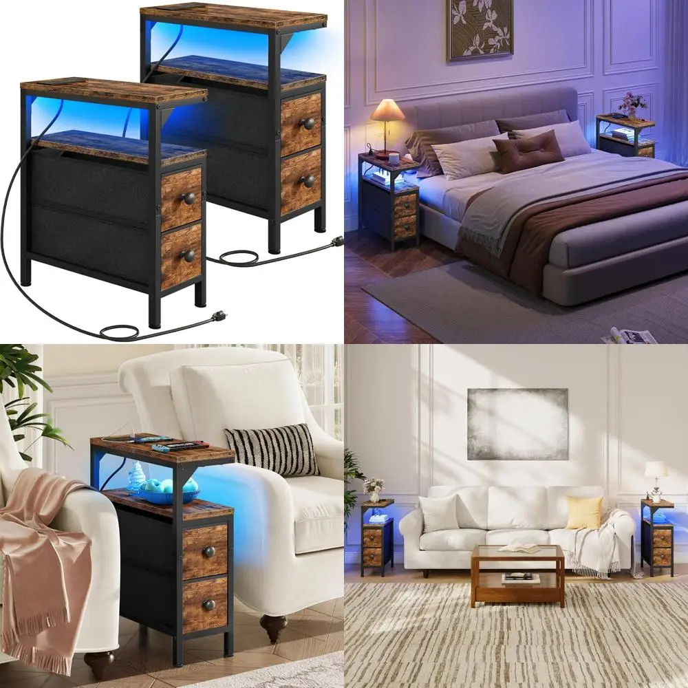 

Тонкие приставные столики со светодиодной подсветкой, зарядной станцией и ящиками для хранения, набор из 2 шт., современные C-образные тумбочки для небольших помещений