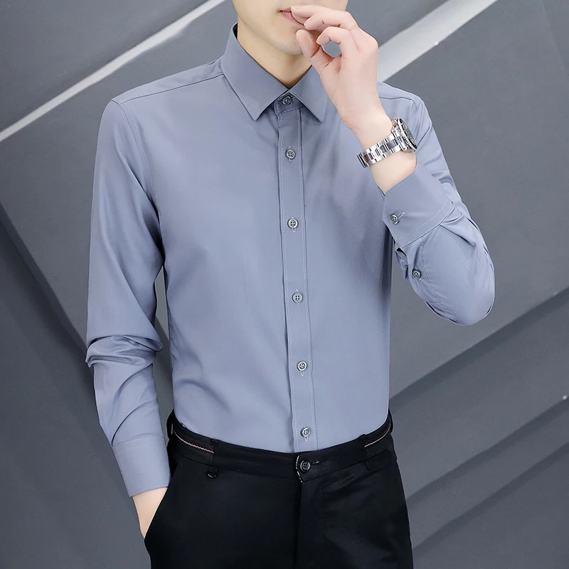 

Мужская рубашка Slim Fit с длинным рукавом, однотонная, деловая повседневная, модная, осенне-весенняя, износостойкая, из полиэфирного волокна, легко сочетается