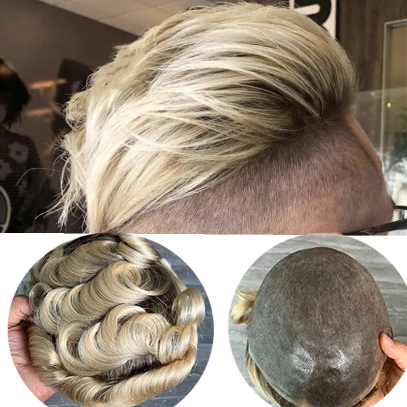 Brown Roots #613 Ombre Blonde Male Wig Euro Human Hair Toupee for Men Full PU 0.06mm Super Thin Skin V Loop Prosthesis System