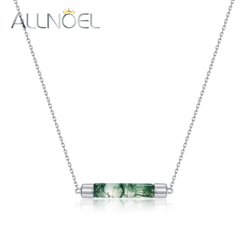 ALLNOEL 925 Sterling Sliver Necklace for Women Natural 5*20mm Green Moss Agate Unique Healing Gemstone Wedding Jewelry Gifts