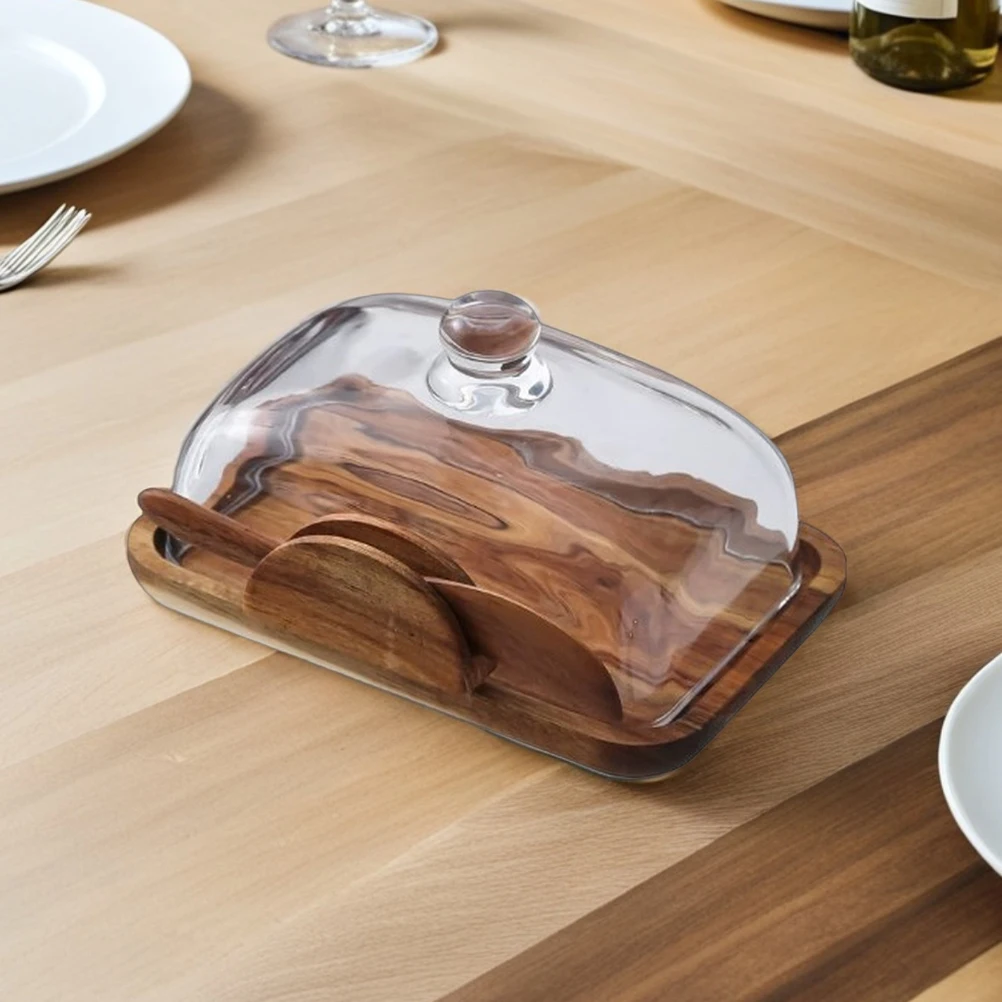 

Wooden Fresh Keeping Box Butter Dish Cheese Storage Container Glass Lid Bread Snacks Desserts Homemade Kitchen Countertop Loaf