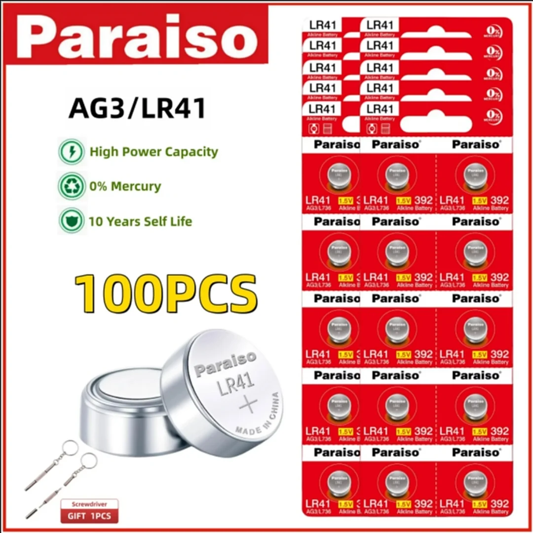 4-100pcs Paraiso AG3 LR41 Button Batteries Alkaline Battery L736 384 392 1.5V 10Years Shelf Life for Thermometer Wacth ear spoo