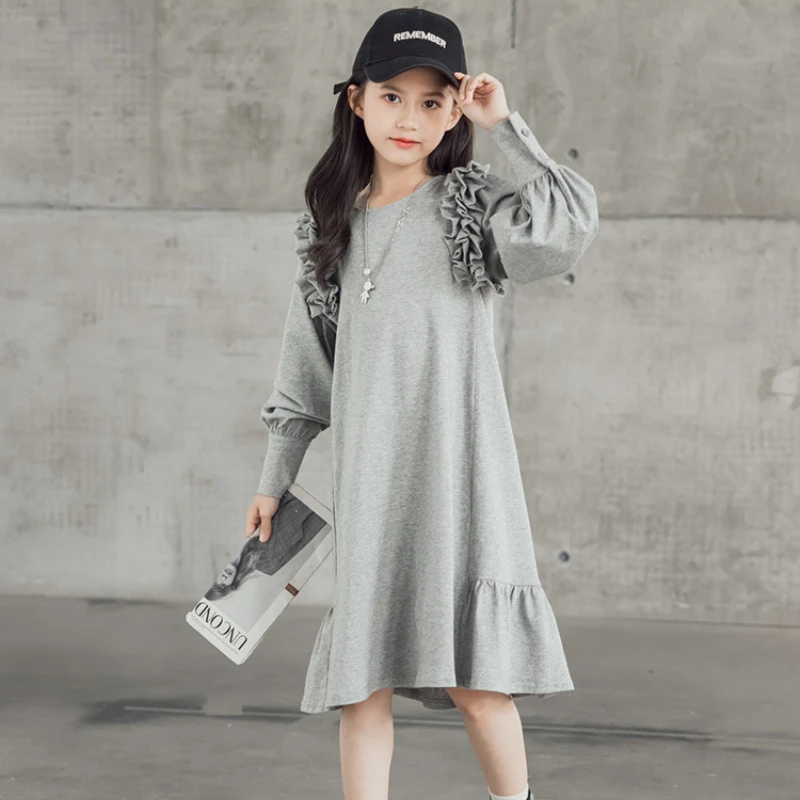 Autumn Long Sleeve Dress for Girls Ruffle Design Teenage 12 13 14 Years Kids Casual Dress Black Grey School Children Clothes