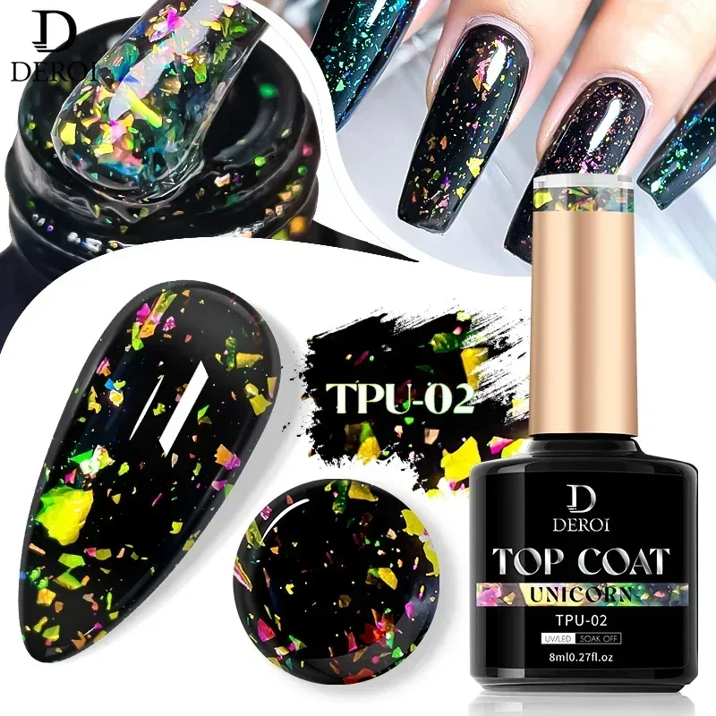 DEROI Top Coat Gel UV Glitter Flash No Wipe Top Coat Base in gomma gel Soak Off Manicure Smalto per unghie semipermanente trasparente