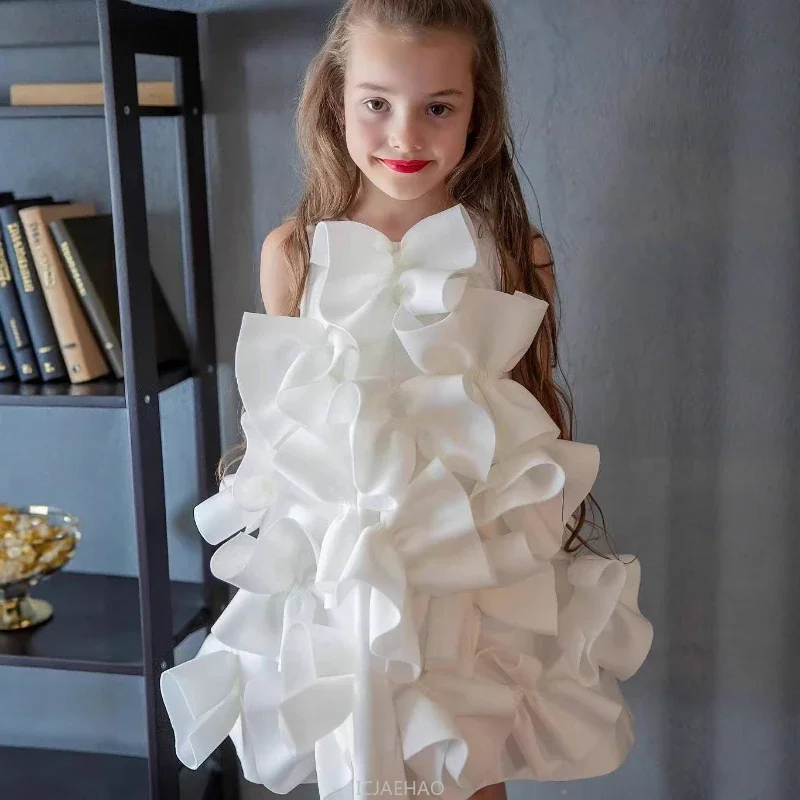 Teen Girl Clothes Children Flower Girl Wedding Dress Costume Pageant Host Performance Outfit Bow Simple Kids Birthday Party