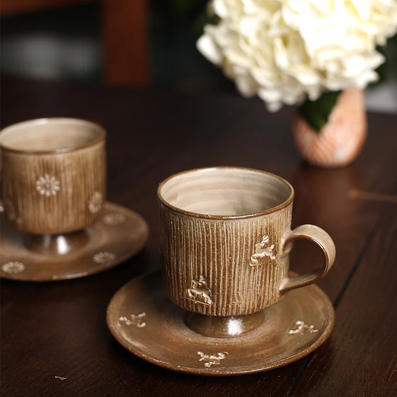 Ceramic Coffee Cup With Saucer Christmas Elk Snowflake Handmade Engrave Home 200ML Drinkware American Retro Style Latte Cups