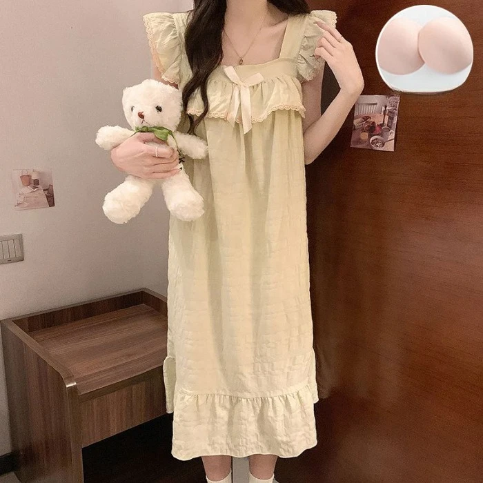 Cute Camisole Women Fashion Summer Nightgowns Sweet Girl Sleeveless Sling Pajama Lady Ribbons Bows Padding Sleepshirt Homewears - view 6