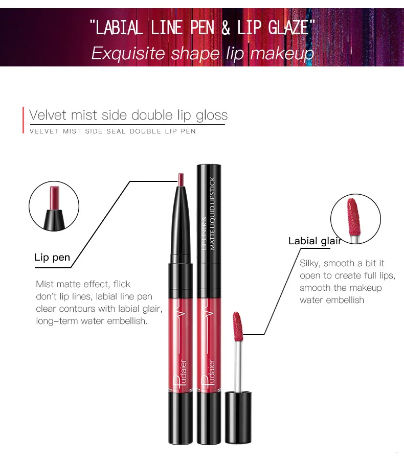 Pudaier 2 in 1 Velvet Mist Combined Double Lipgloss Lipliner Pencil Waterproof Long Lasting Lip gloss Pigment Lip Liner Pen