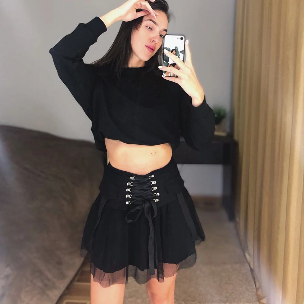 

Gothic Skirt Women's High Waist A Line Goth Mini Skirt with Tulle and Pleated Lace for Club, Uniform, Dance, Skate