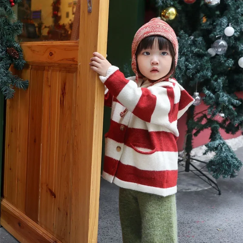 Boys Girls Sweaters Cardigan New Years Korea Soft Wool Hooded Knitwear Children's Striped Christmas Sweater Kids Coats Winter