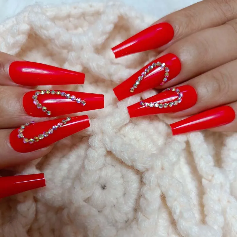 24pcs Internet celebrity style coffin fake nails red press on nails crystal diamond Festival party gifts