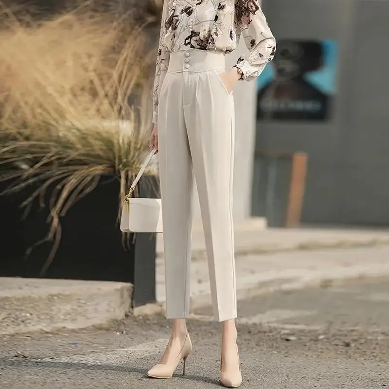 Clothing Solid Trousers Woman Tailoring Womens Pants Work Buttons High Waist Harem Office Classic Chic and Elegant All Medium G