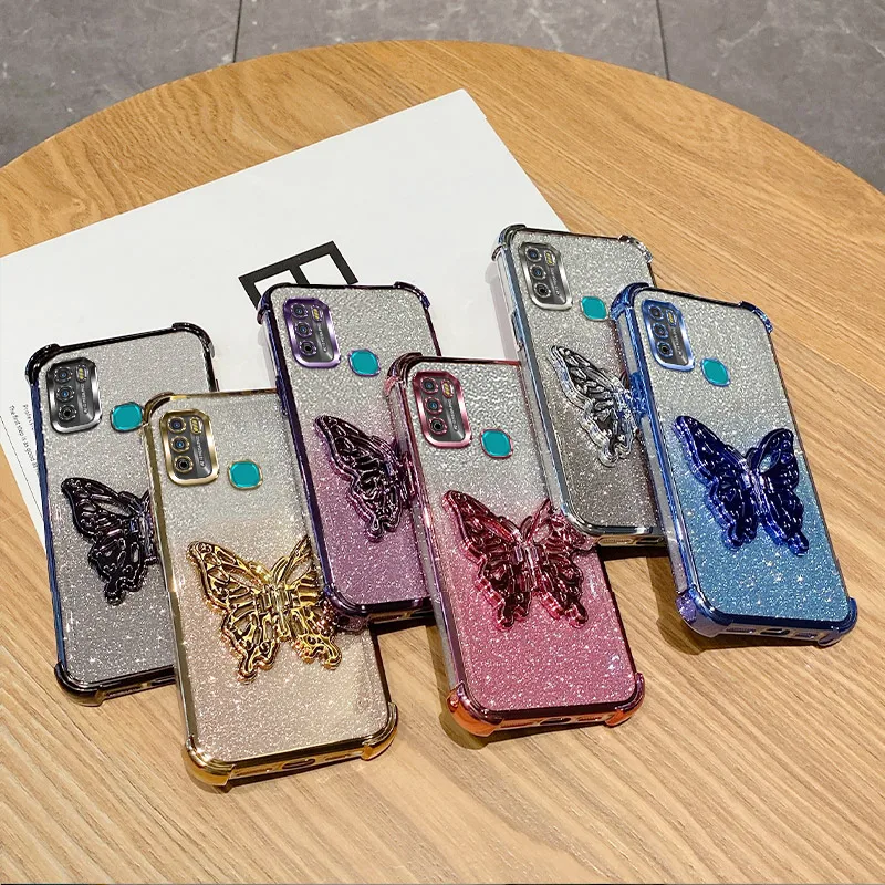 Luxury Butterfly Phone Case For Infinix Hot 9 Play Glitter Pink Purple Corner Bumper Silicone Back Cover Hot9 Play 9Play