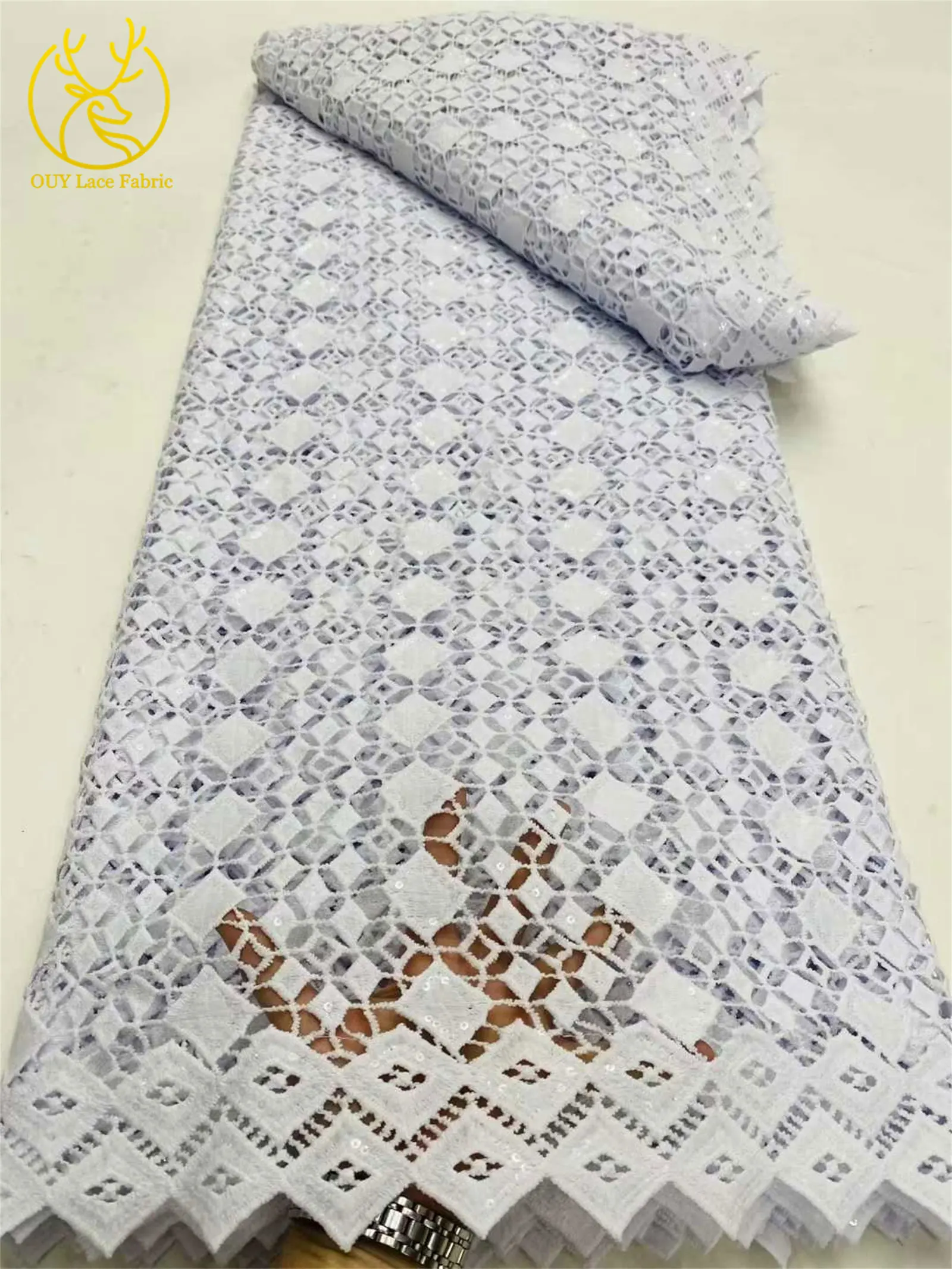 White African Guipure Sequin Lace Rope Weave Fabric 2025 Hot Sale Nigeria Water Soluble Lace Fabric for Women's Evening Gowns
