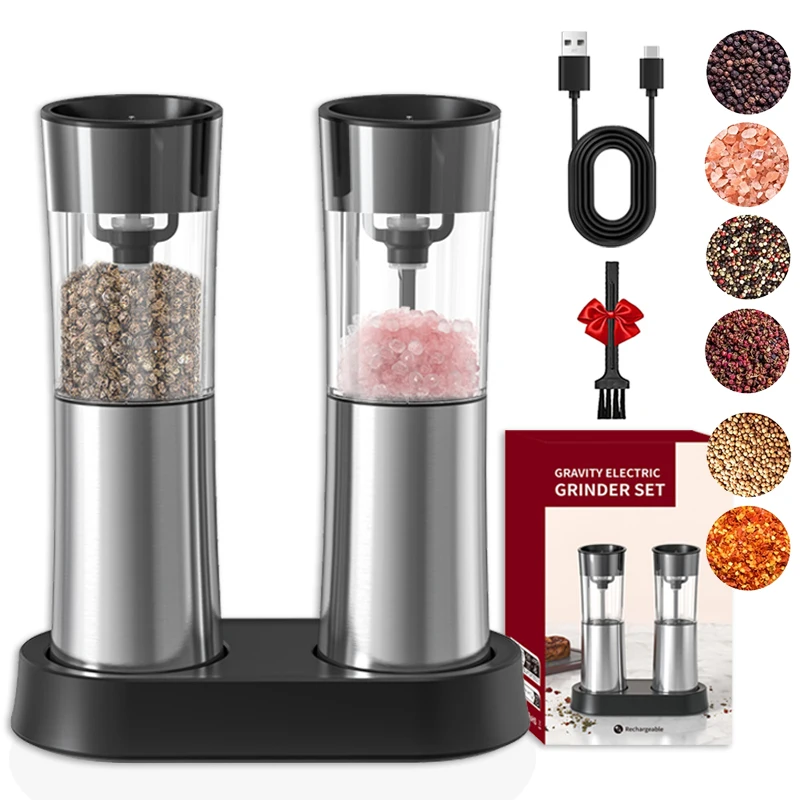 USB Rechargeable Electric Salt and Pepper Grinder Stainless Steel Pepper Grinder Type-C Charging Pepper Mills With Storage Base