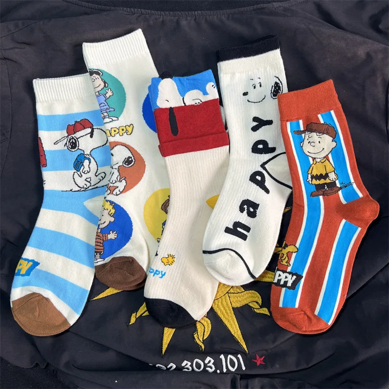 

5 Pairs Cute Cartoon Snoopy Ankle Socks Unisex All Season Casual Soft Breathable Mid Calf Cotton Socks For Women Man Daily Wear